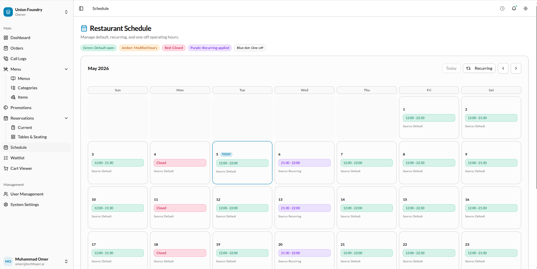 Restaurant Schedule